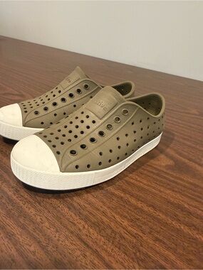 Native Shoes c12 Kids Olive Green Slip-On Sneakers with White Toe